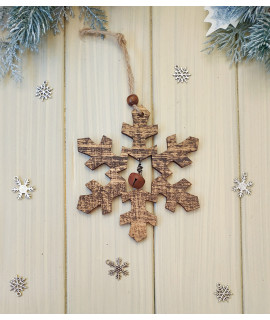 Новорічний декор із дерева "Сніжинка з бубонцем"  (розмір 125х125 мм)