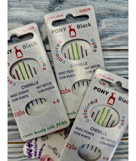 PONY Black Chenille Needles No.22/26, 6 pcs, coloured eye
