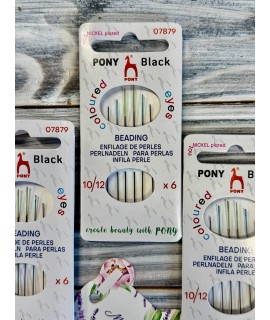 PONY Black Beading Needles No.10/12, 6 pcs, nickel plated, coloured eye