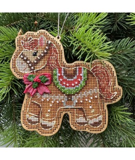 Gingerbread Horse — Christmas Ornament Cross Stitch & Beadwork Kit (Wood Base)