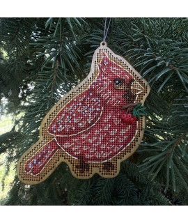 Gingerbread Cardinal — Christmas Ornament Cross Stitch & Beadwork Kit (Wood Base)