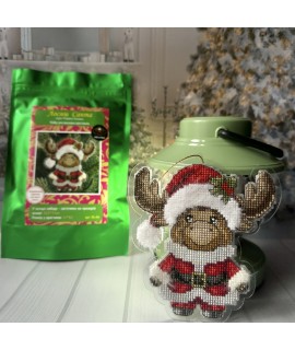Moose Santa — Christmas Ornament Cross Stitch, Beadwork & French Knot Kit (Clear Plastic)
