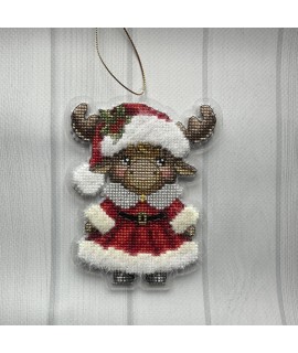 Moose Mrs. Santa — Christmas Ornament Cross Stitch, Beadwork & French Knot Kit (Clear Plastic)